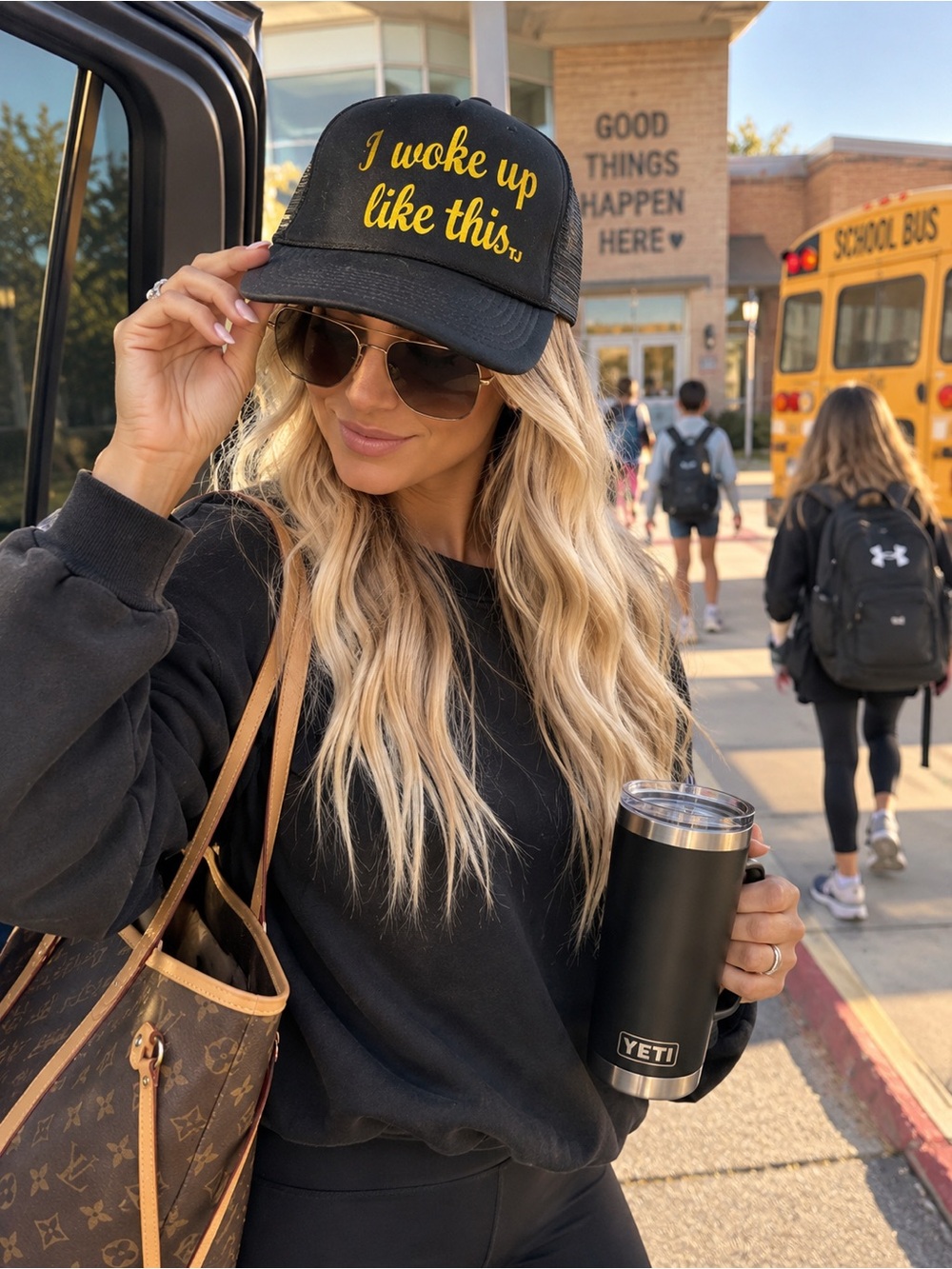 I Woke Up Like This Embroidered Trucker Hat - Black & Gold